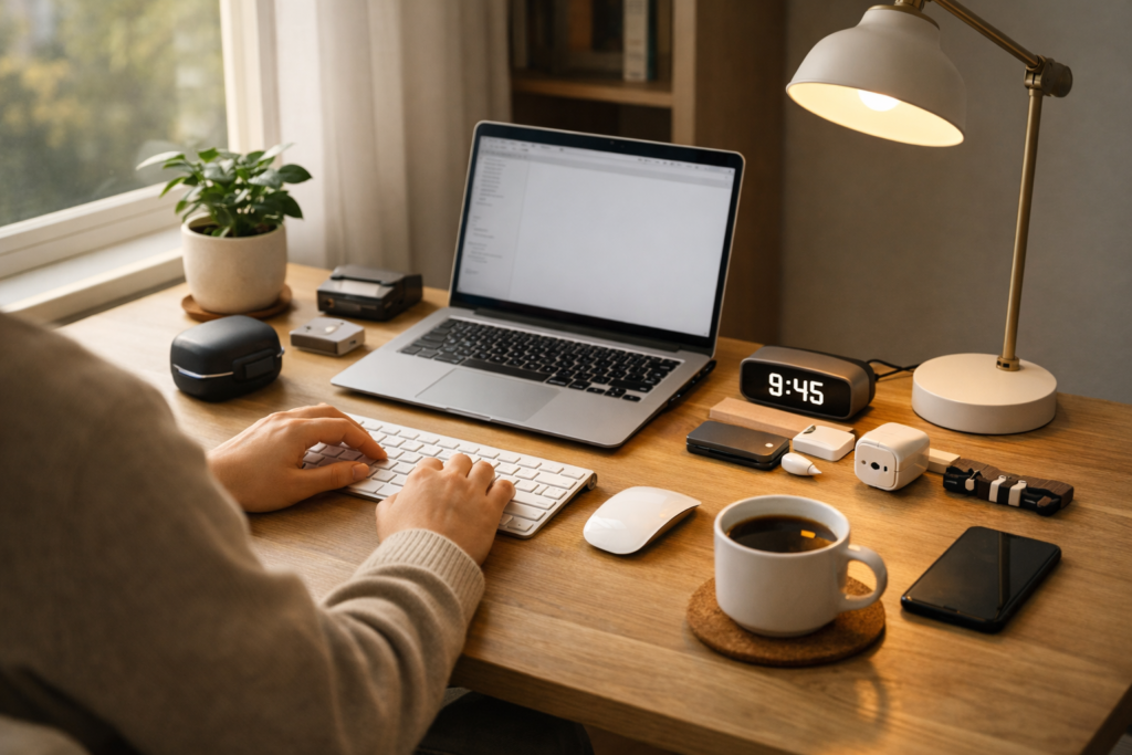 Minimalist home office setup with coffee