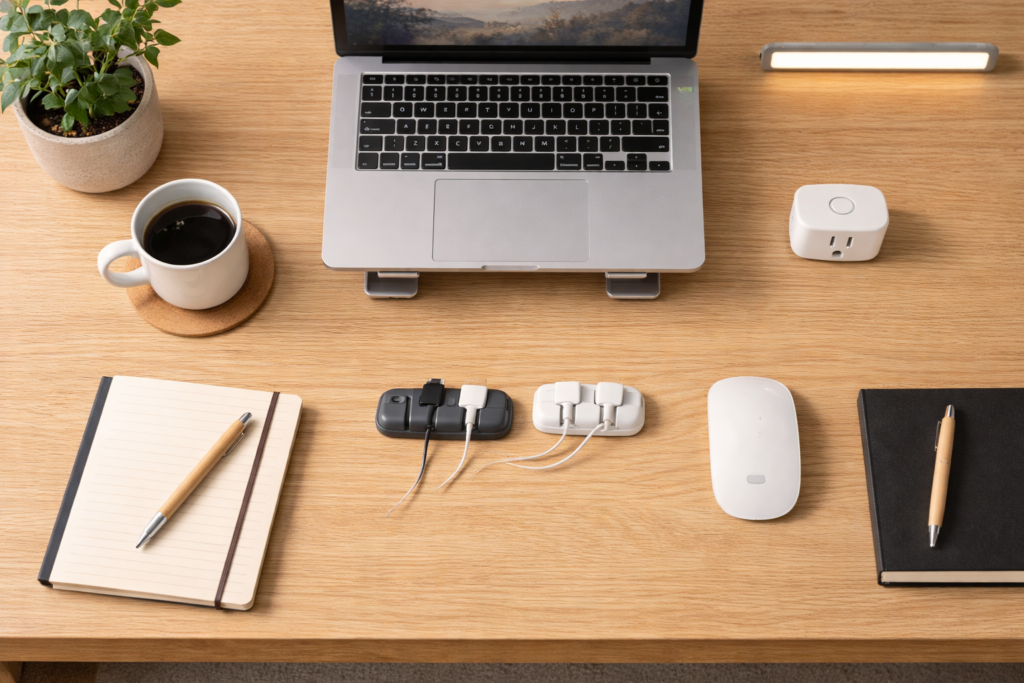 Top view of organized minimalist work desk