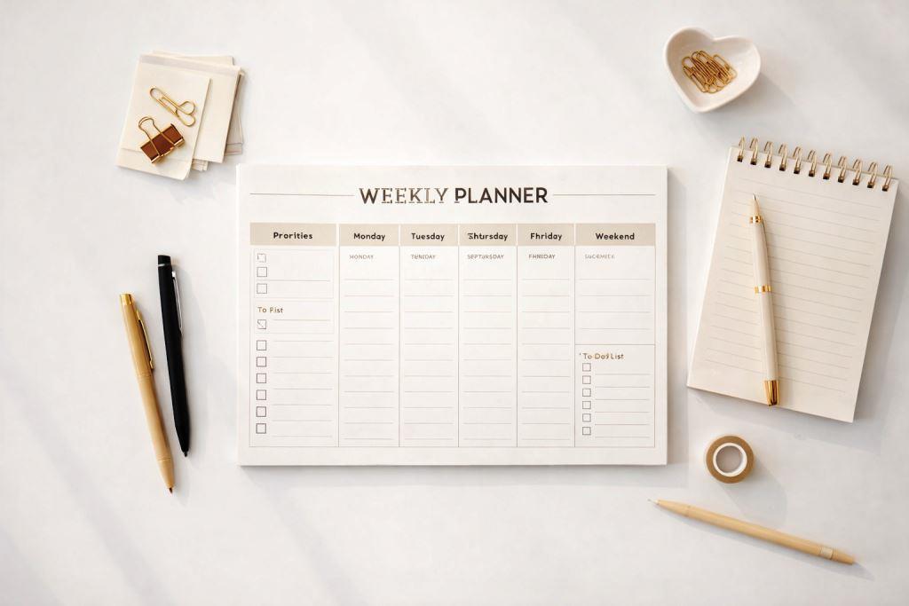 Minimalist weekly planner and stationery setup