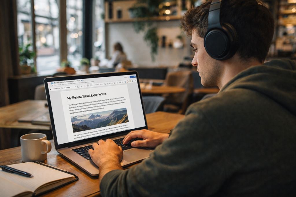 Young student typing blog article